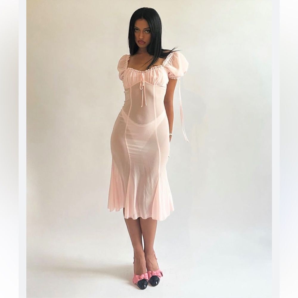 LOBA sheer Pink Midi Dress April Pastel Pink puff sleeves lingerie Revolve S - Picture 3 of 15